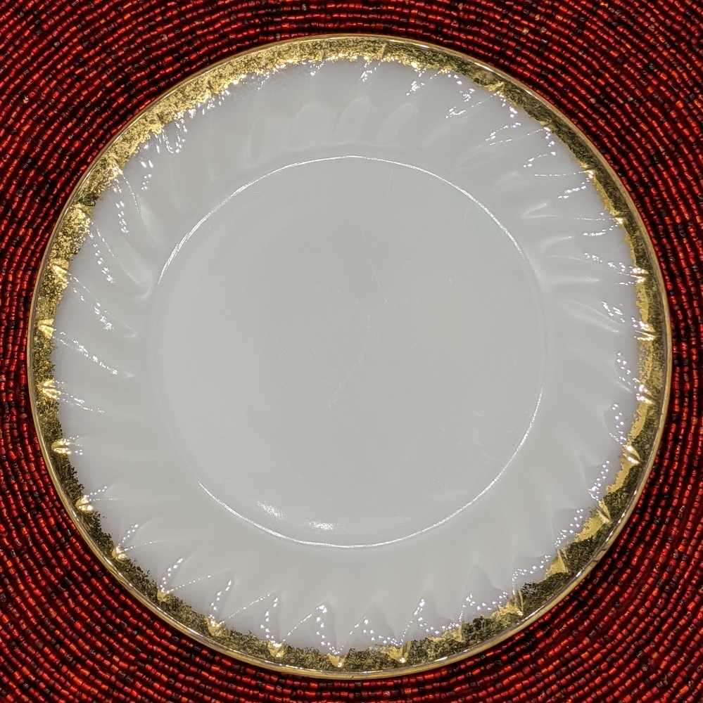 FIRE KING 8" Swirl Pattern White and Gold Trim